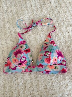 Victorias Secret Floral Triangle Bikini Top (Light Blue with Pink Flowers)
